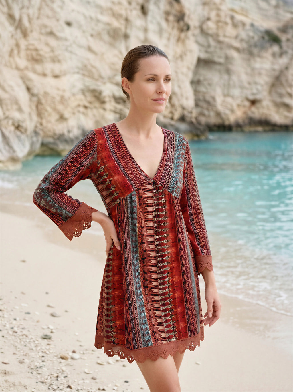 Lace Trim Printed V-Neck 3/4 Sleeve Dress