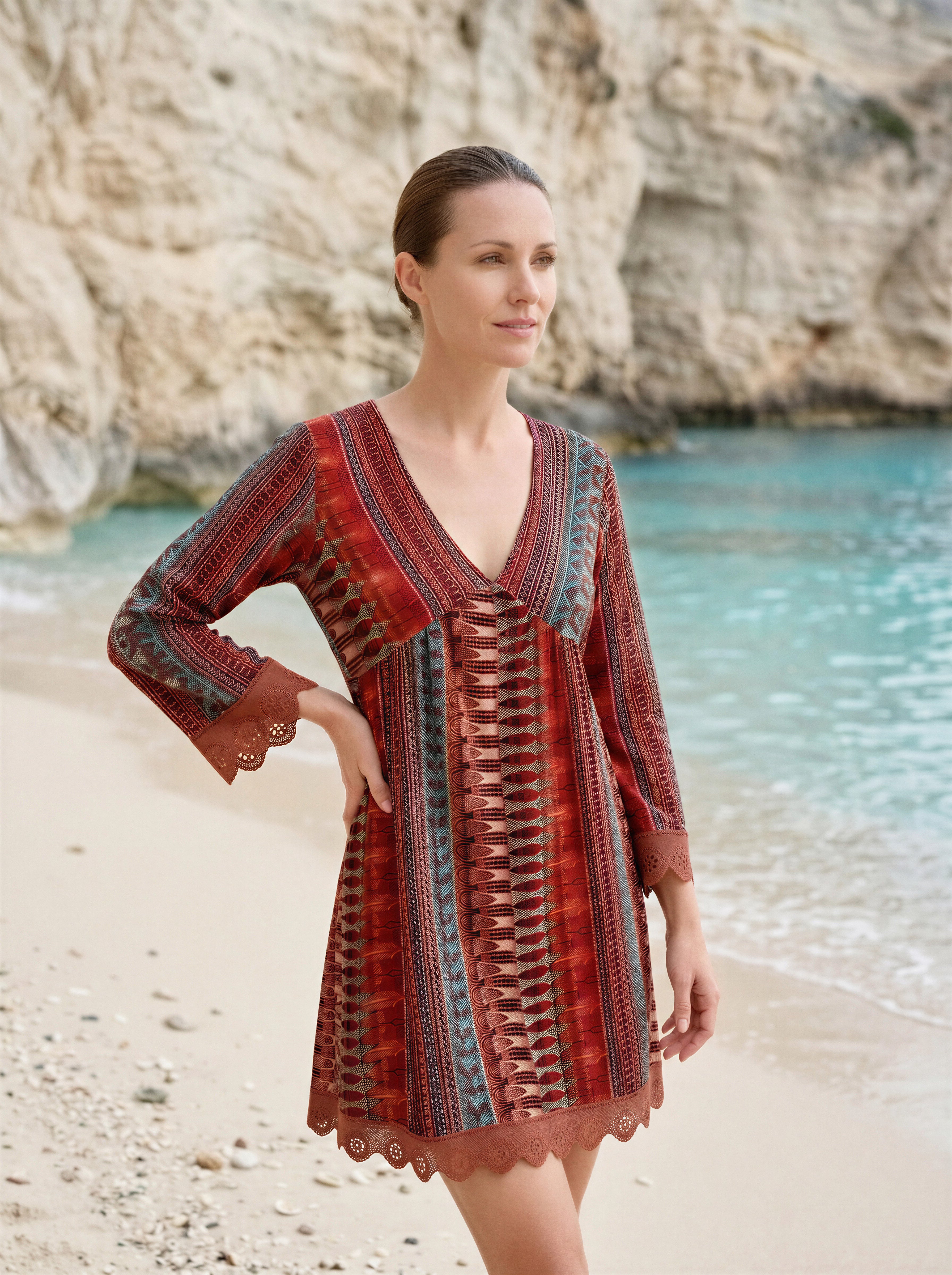 Lace Trim Printed V-Neck 3/4 Sleeve Dress