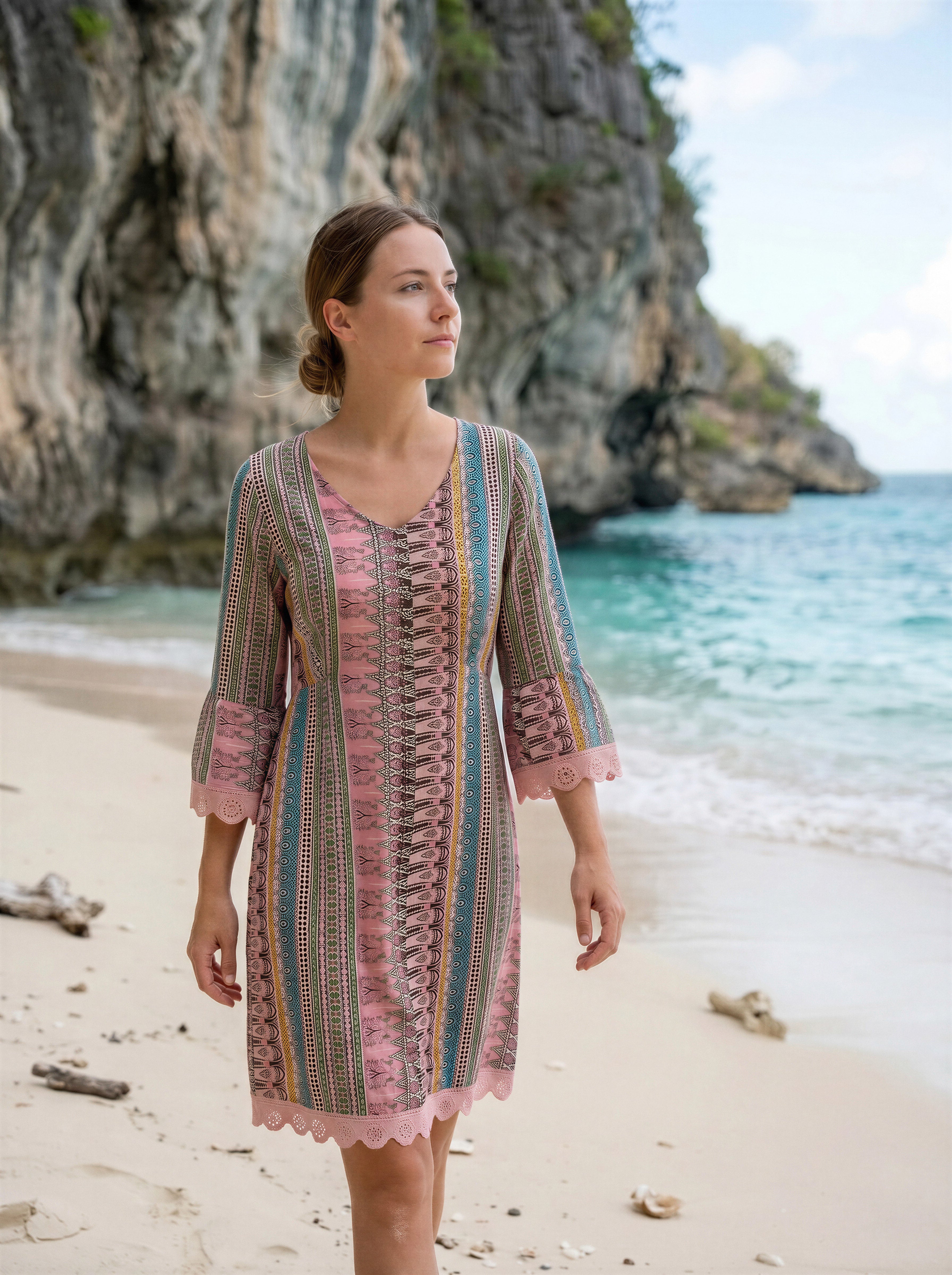 Lace Trim Printed V-Neck 3/4 Sleeve Dress