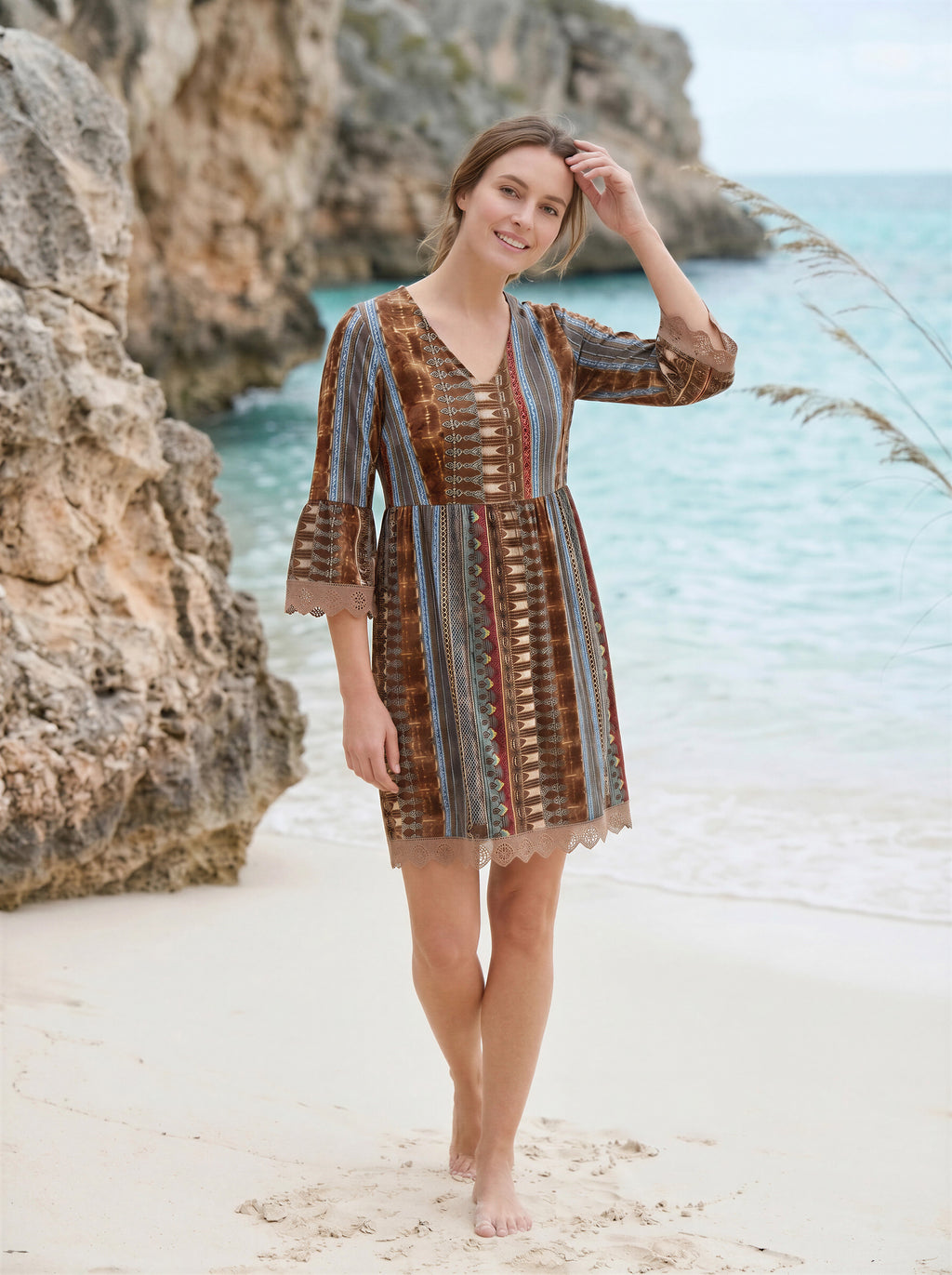 Lace Trim Printed V-Neck 3/4 Sleeve Dress