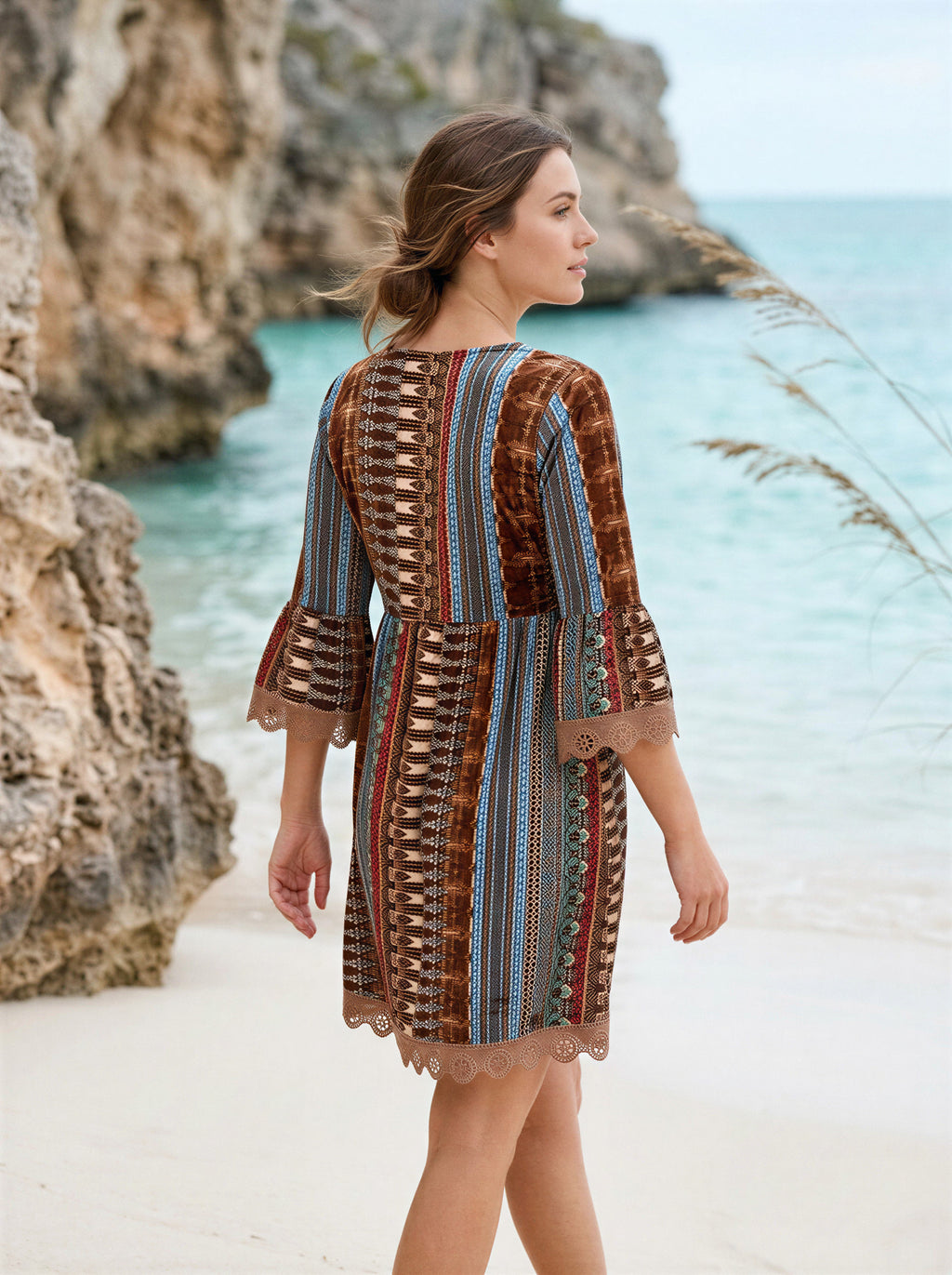Lace Trim Printed V-Neck 3/4 Sleeve Dress