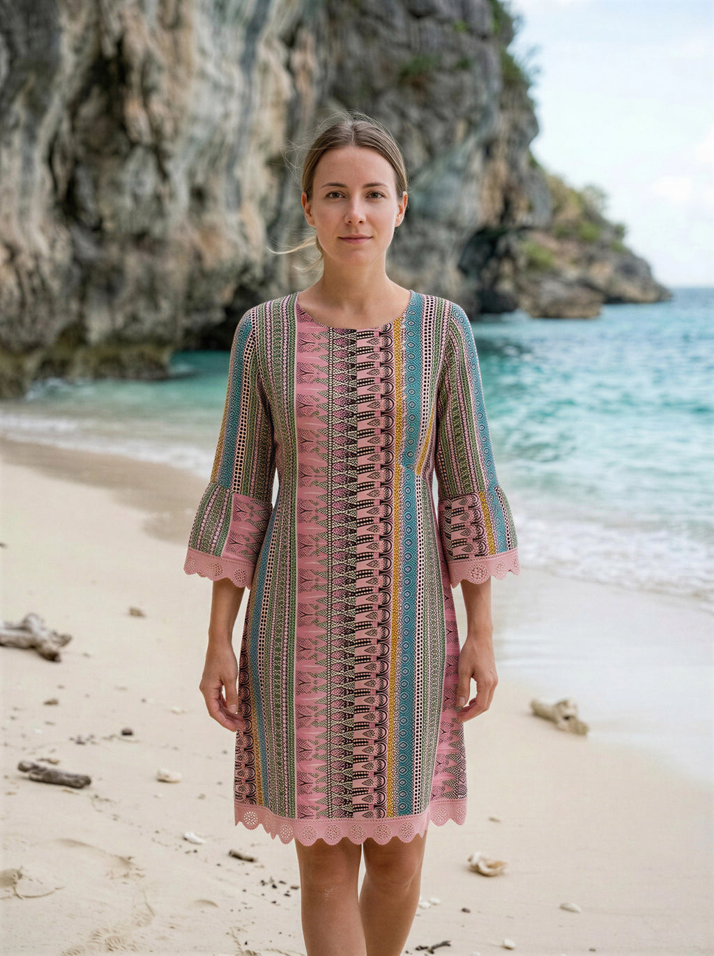 Lace Trim Printed V-Neck 3/4 Sleeve Dress