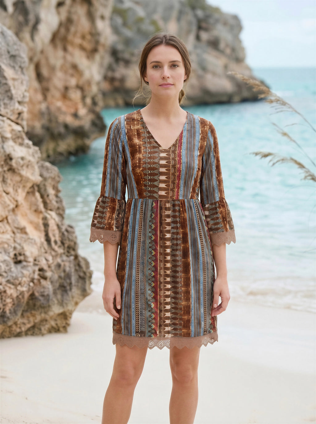 Lace Trim Printed V-Neck 3/4 Sleeve Dress