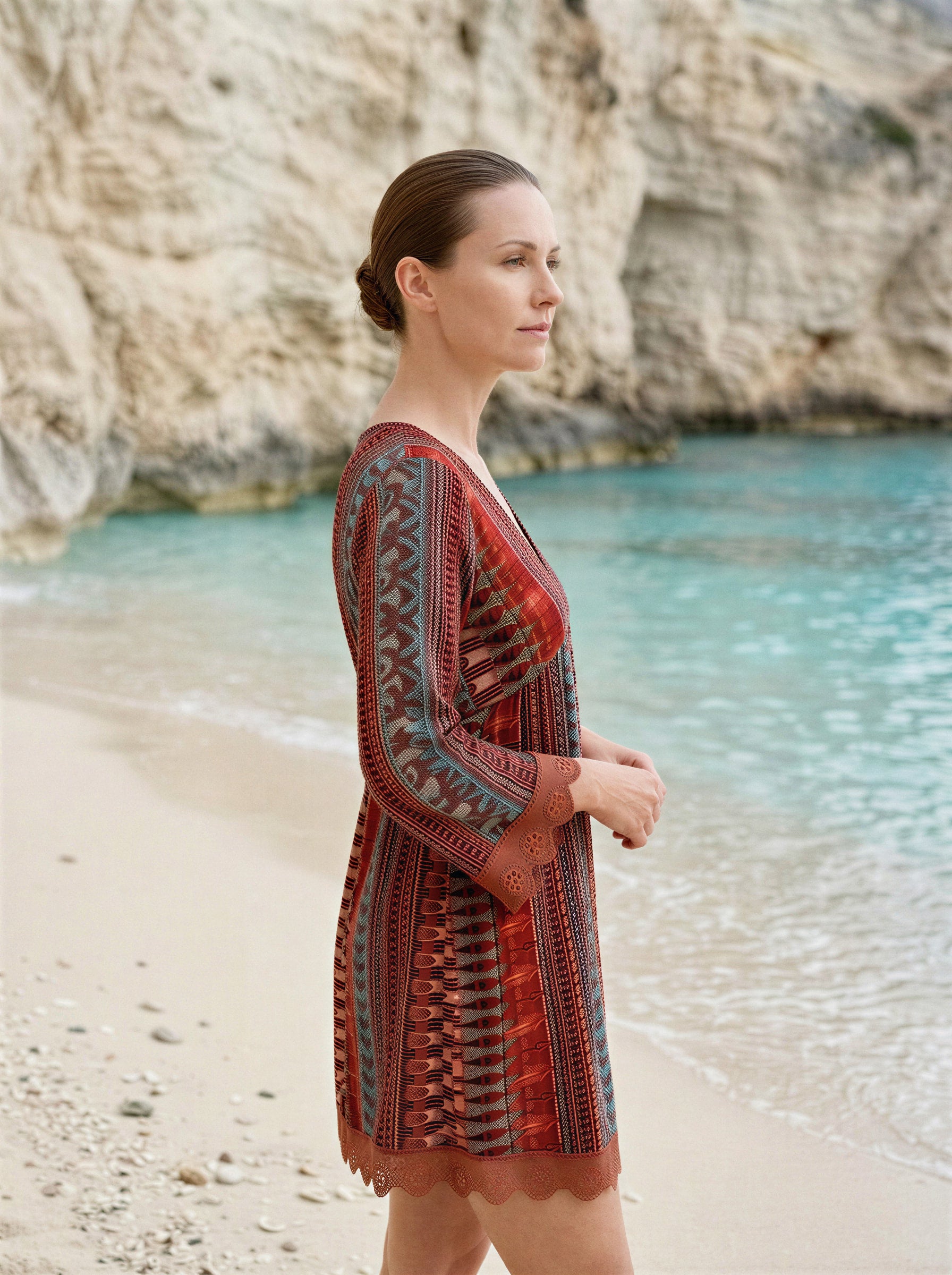Lace Trim Printed V-Neck 3/4 Sleeve Dress