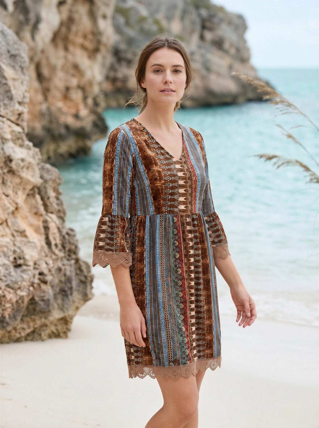 Lace Trim Printed V-Neck 3/4 Sleeve Dress