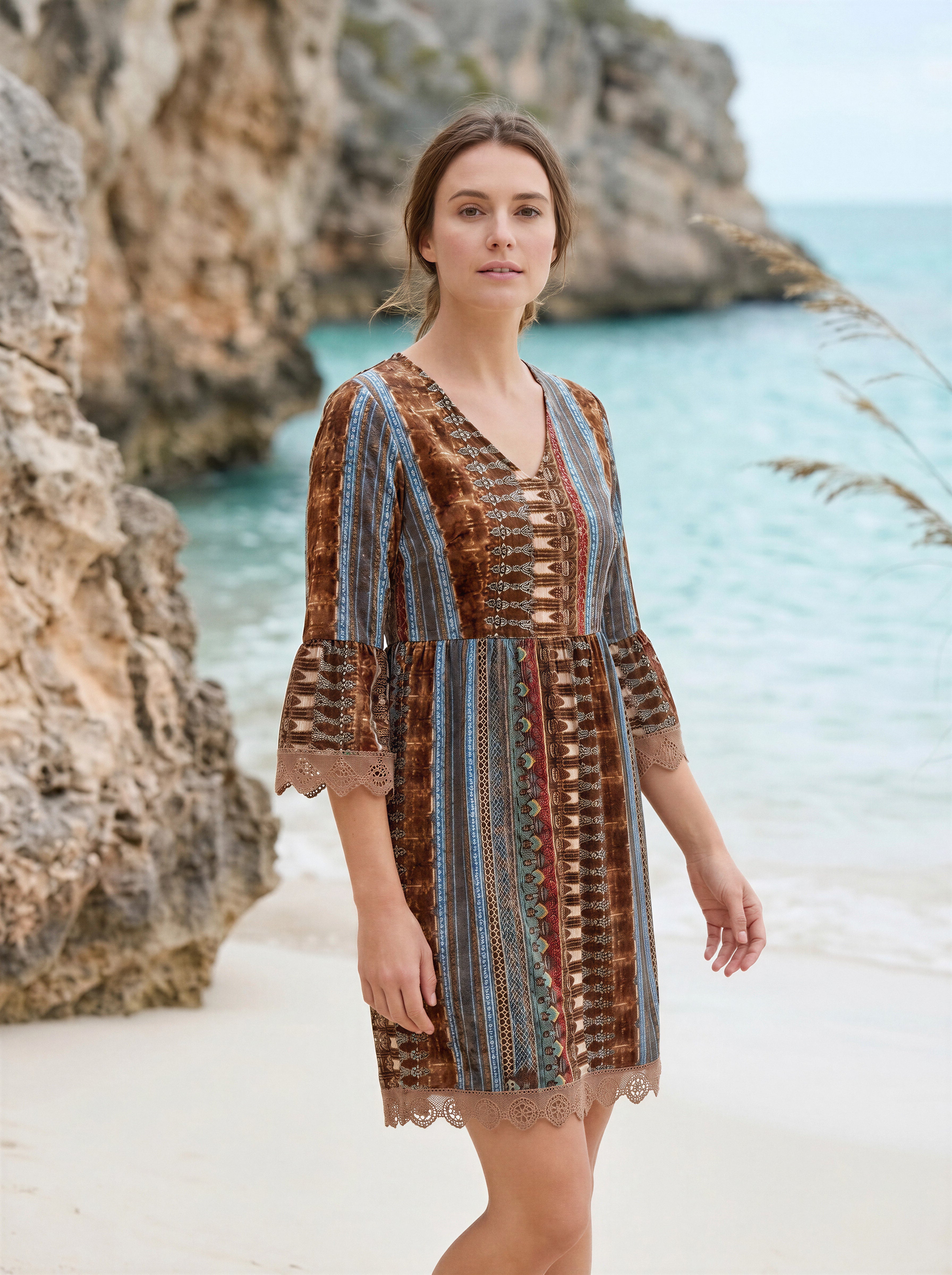 Lace Trim Printed V-Neck 3/4 Sleeve Dress