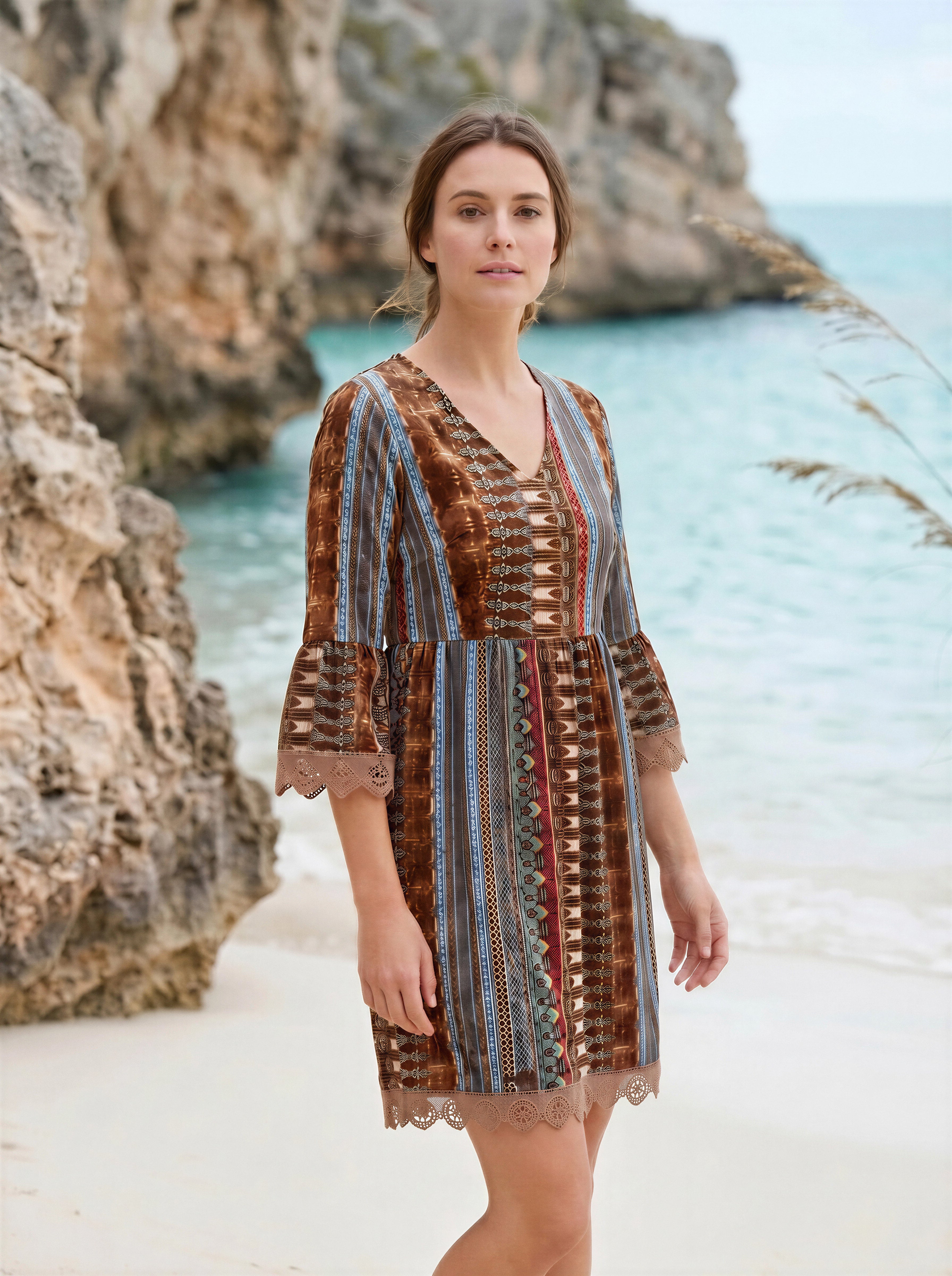 Lace Trim Printed V-Neck 3/4 Sleeve Dress