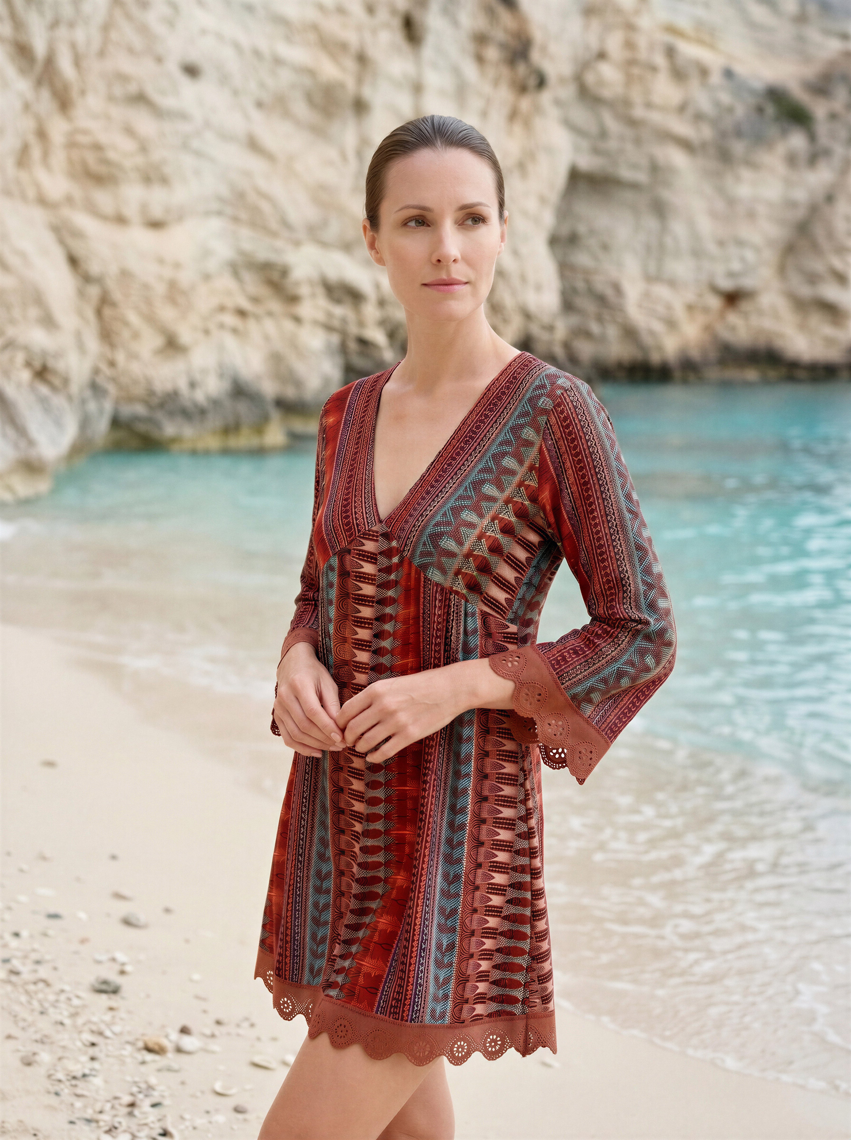 Lace Trim Printed V-Neck 3/4 Sleeve Dress