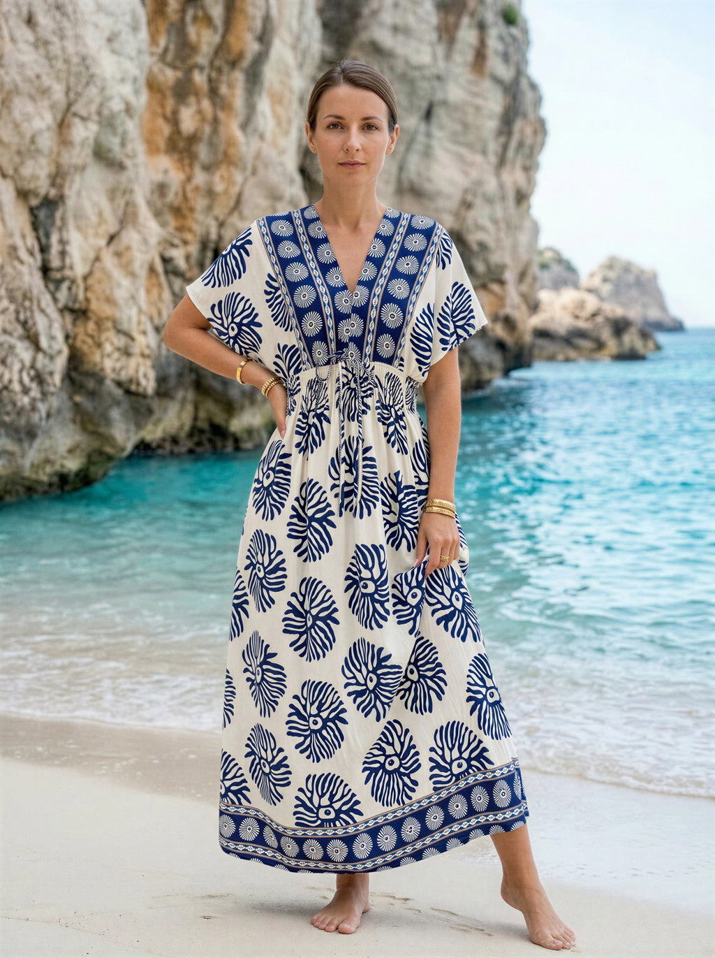 Floral Print Contrast Patchwork V Neck Dolman Dress