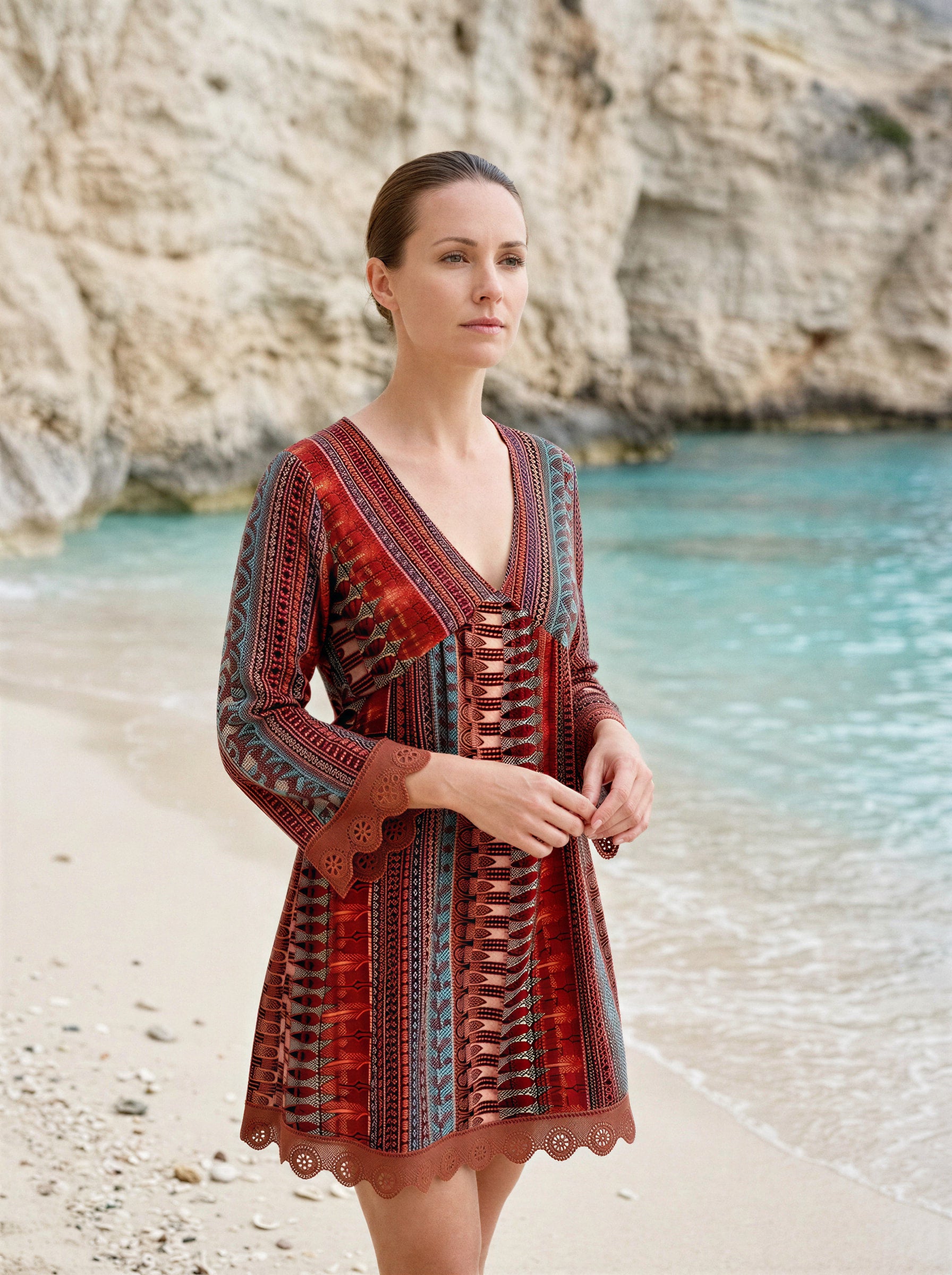 Lace Trim Printed V-Neck 3/4 Sleeve Dress