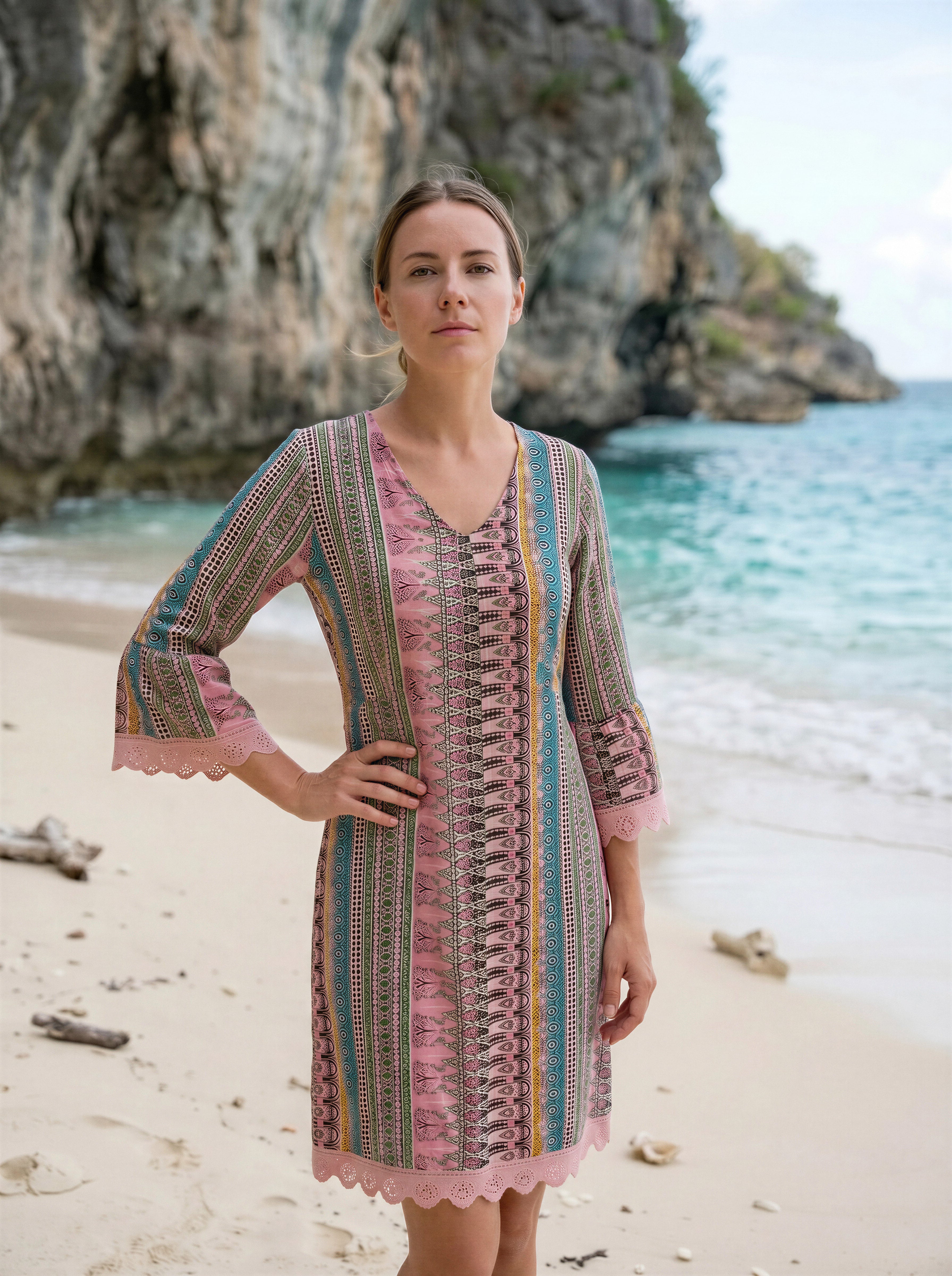 Lace Trim Printed V-Neck 3/4 Sleeve Dress