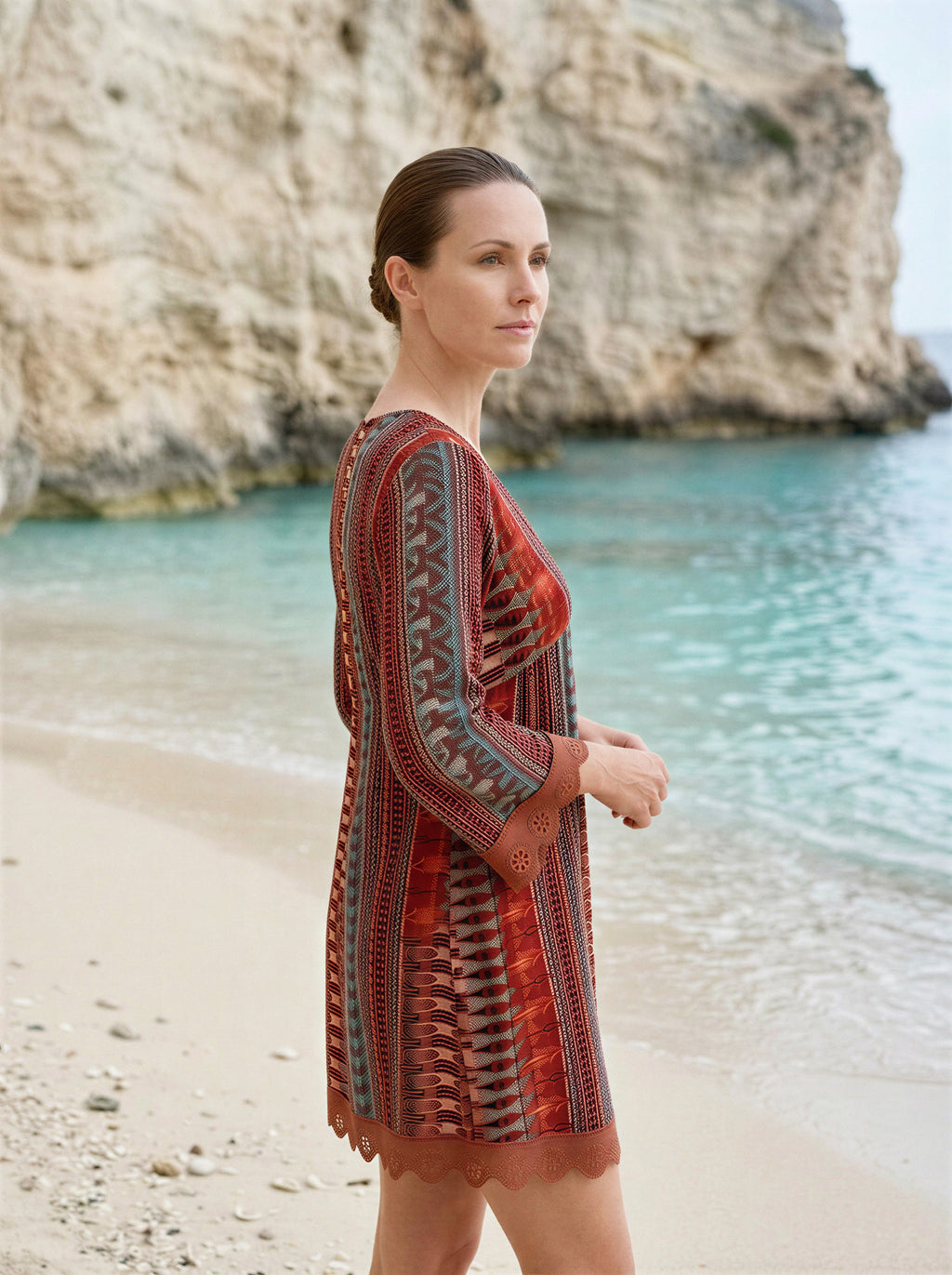 Lace Trim Printed V-Neck 3/4 Sleeve Dress
