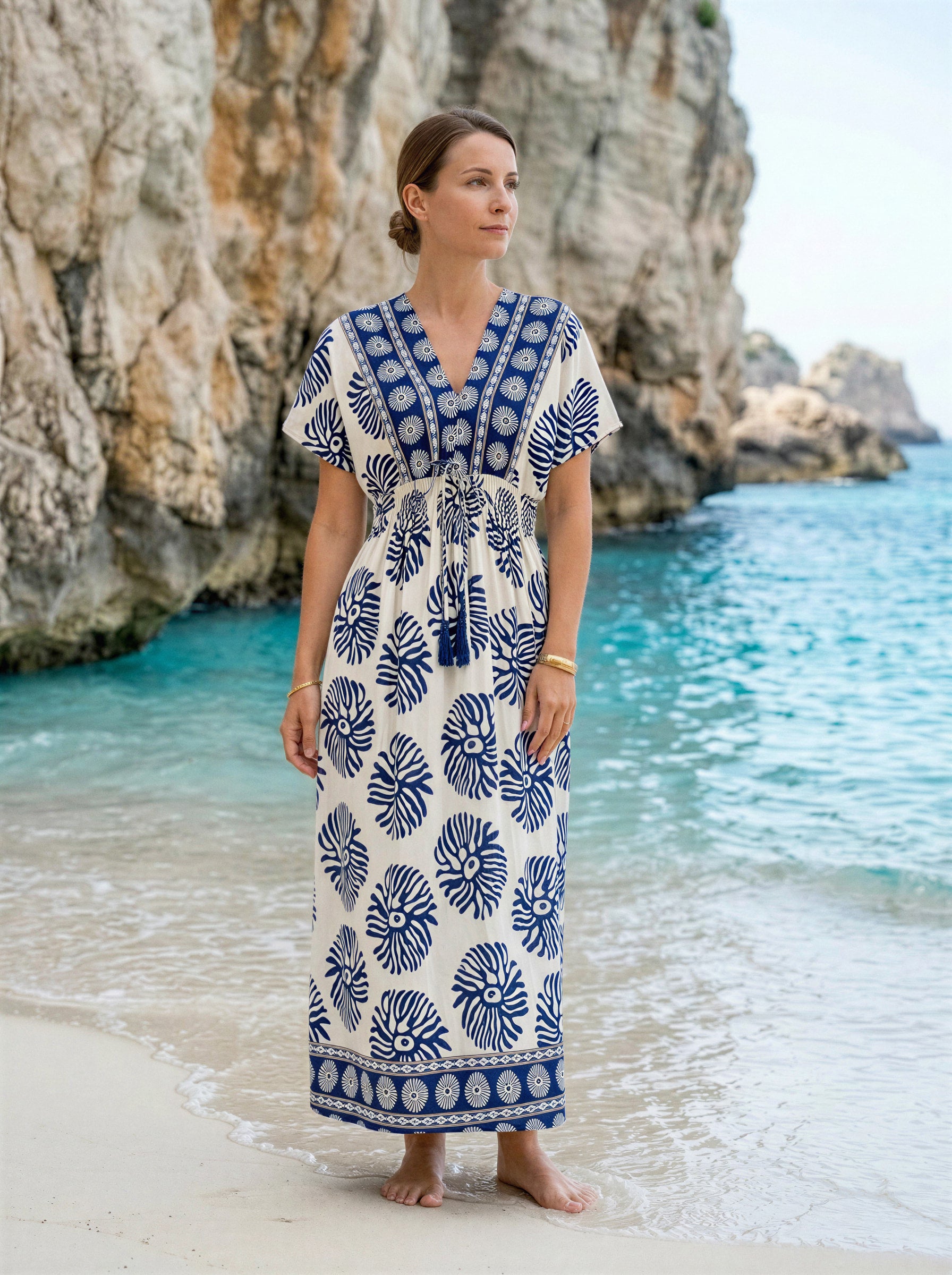 Floral Print Contrast Patchwork V Neck Dolman Dress